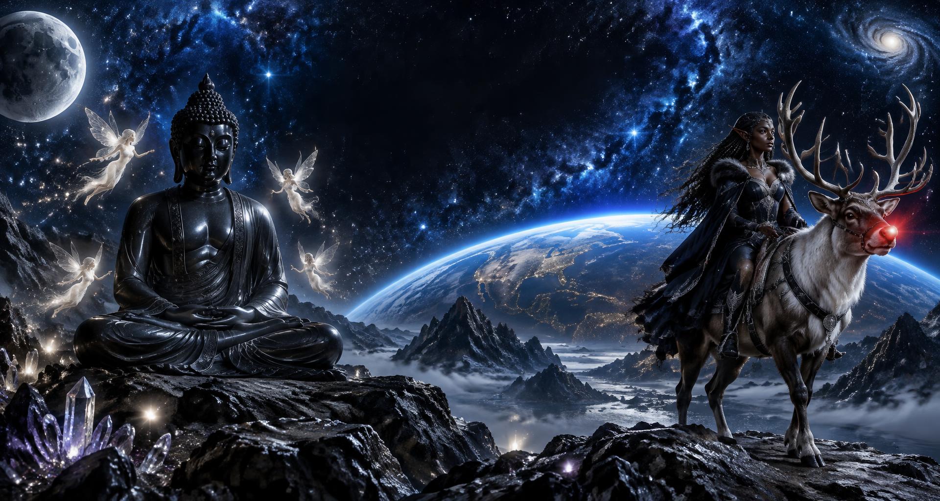 A black Buddha surrounded by white fairies and a Black elf riding red-nosed Rudolph beneath a silver and blue cosmic sky.